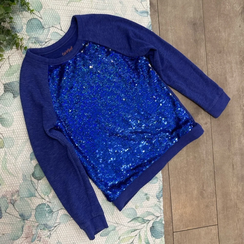 Cat & Jack Blue/Silver Sequin Girls Kids Sweatshirt Size Medium 7/8